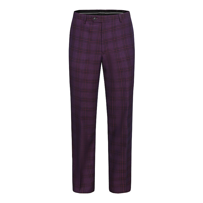 Mauve Plaid Patterned Casual Flat-Front Dress Pant